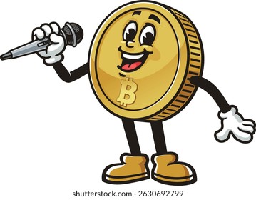 Bitcoin character cartoon holding microphone while singing