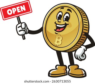 Bitcoin character cartoon holding an open sign board