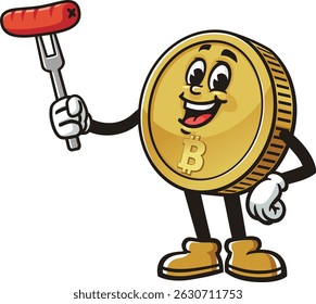 Bitcoin character cartoon holding sausage