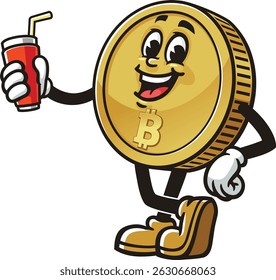 Bitcoin character cartoon holding a soft drink