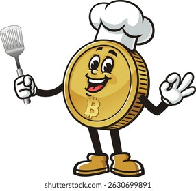 Bitcoin personagem de desenho animado segurando uma espátula e vestindo um chapéu de chef
