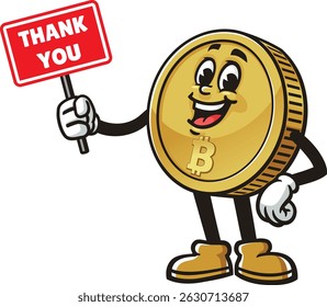 Bitcoin character cartoon holding a thank you sign