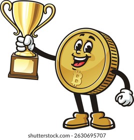 Bitcoin character cartoon holding a trophy