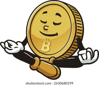 Bitcoin character cartoon meditating or relaxing