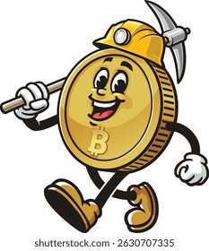 Bitcoin character cartoon with miner style and wearing miner helmet