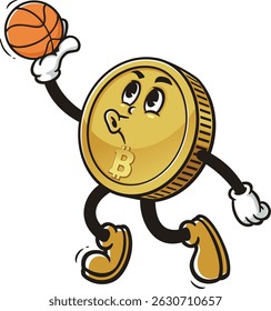 Bitcoin character cartoon playing slam dunk basketball