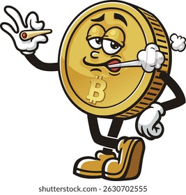 Bitcoin character cartoon relaxing and smoking