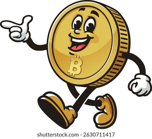Bitcoin character cartoon is walking and finds an idea