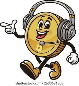 Bitcoin character cartoon is walking and wearing headset or headphone