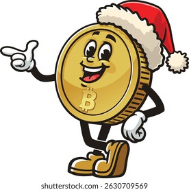 Bitcoin character cartoon wearing a Christmas hat