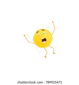 Bitcoin Character Falls Down. Cartoon Golden Coin Icon. Modern Concept of Digital Crypto Mining. Vector Illustration.
