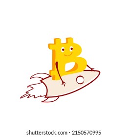 El personaje de Bitcoin vuela sobre un cohete. Concepto de la divisa criptográfica. Ilustración de dibujos animados.