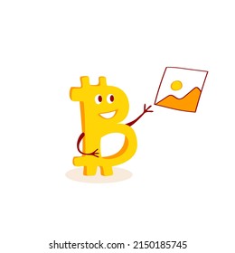 Bitcoin character points to the picture. Concept of Crypto currency. Vector cartoon illustration.