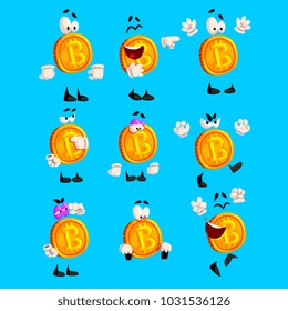 Bitcoin character sett, crypto currency emoji with different emotions vector Illustrations vector Illustrations on a light blue background