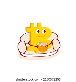 Bitcoin character is sitting on sofa with popcorn. Concept of Crypto currency. Vector cartoon illustration.