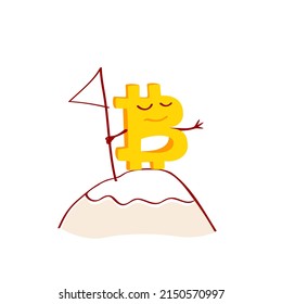 Bitcoin character standing on top of a mountain with a flag. Concept of Crypto currency. Vector cartoon illustration.