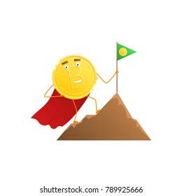Bitcoin Character Stands on a Mountain. Cartoon Golden Coin Icon. Modern Concept of Digital Crypto Mining. Vector Illustration.