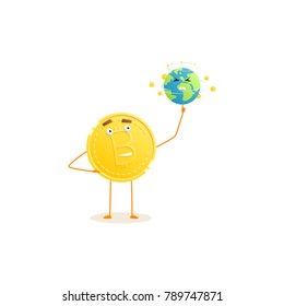 Bitcoin Character twists planet Earth. Cartoon Golden Coin Icon. Modern Concept of Digital Crypto Mining. Vector Illustration.