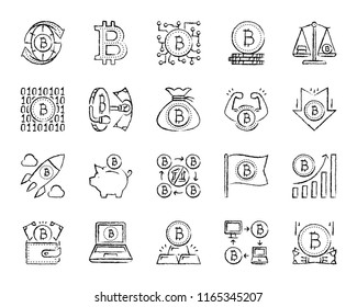 Bitcoin charcoal icon set. Grunge outline web sign kit of crypto currency. Digital money linear icons includes payment blockchain, scales, bank. Hand drawn simple bitcoin symbol. Vector Illustration