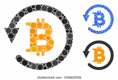 Bitcoin chargeback mosaic of filled circles in variable sizes and color tinges, based on Bitcoin chargeback icon. Vector filled circles are composed into blue collage.