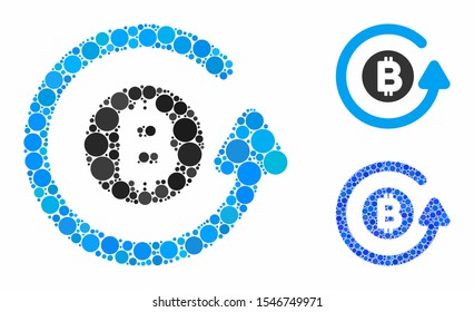 Bitcoin chargeback mosaic of filled circles in variable sizes and color tones, based on Bitcoin chargeback icon. Vector filled circles are composed into blue mosaic.