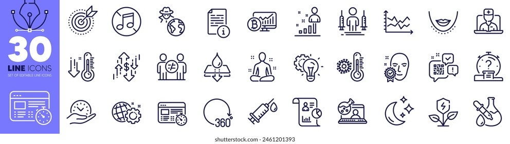 Bitcoin chart, 360 degrees and Chin line icons pack. Eco power, Water resistant, Thermometer web icon. Fraud, Seo gear, Diagram chart pictogram. Quiz, Safe time, Chemistry experiment. Vector