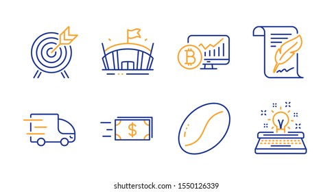 Bitcoin chart, Arena and Archery line icons set. Money transfer, Feather and Coffee beans signs. Truck delivery, Typewriter symbols. Cryptocurrency statistics, Sport stadium. Business set. Vector