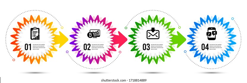 Bitcoin chart, Checklist and Incoming mail icons simple set. Timeline steps infographic. Phone survey sign. Cryptocurrency statistics, Graph report, Download message. Mobile quiz test. Vector