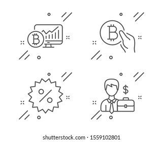 Bitcoin chart, Discount and Bitcoin pay line icons set. Businessman case sign. Cryptocurrency statistics, Special offer, Cryptocurrency coin. Human resources. Finance set. Vector