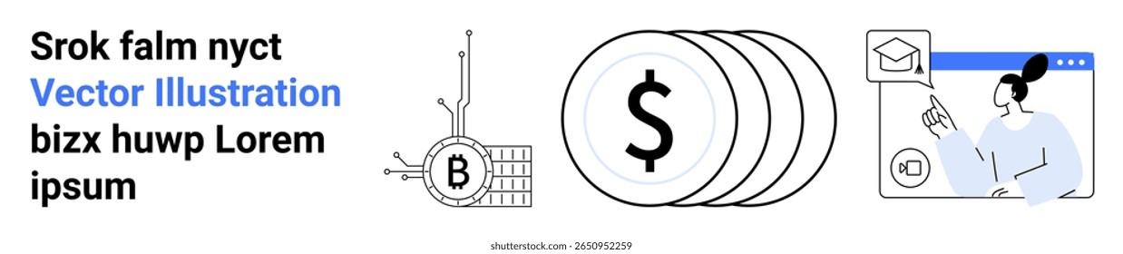 Gráfico Bitcoin, moedas financeiras com sinal de dólar e educadora feminina segurando caneta. Ideal para blogs financeiros, ferramentas educacionais, cursos on-line, planejamento financeiro, guias de criptomoeda, e-learning