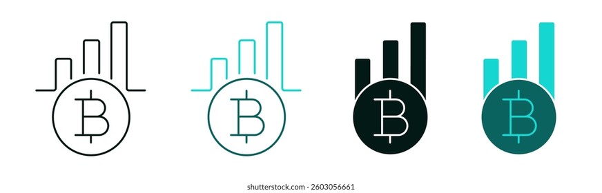 Bitcoin chart icon set. Line or solid logo for web or mobile app. Bitcoin symbol with market bars going up. Crypto coin growth. Money increase graphic. Cryptocurrency concept. Editable vector stroke.