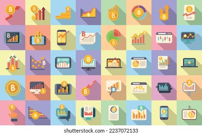 Bitcoin chart icons set flat vector. Benefit fintech. Cash coin