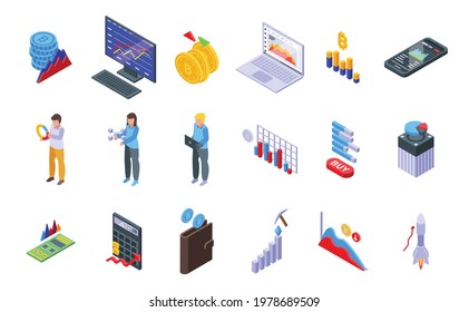 Bitcoin chart icons set. Isometric set of bitcoin chart vector icons for web design isolated on white background
