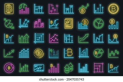 Bitcoin chart icons set. Outline set of bitcoin chart vector icons neon color on black svg