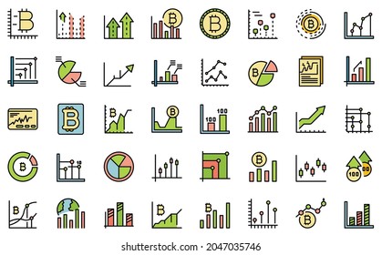 Iconos de gráficos de bitcoin establecidos. Conjunto de esquemas de iconos vectoriales de gráficos de bitcoin color de línea delgada plano aislado en blanco