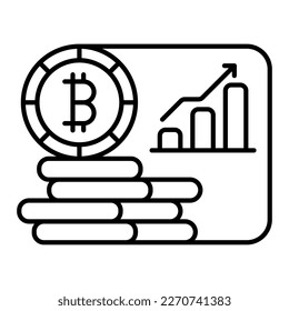 Bitcoin chart line icon. Piggy bank, savings, low interest loan, deposit, protection of financial arrays, security of banking data, insurance. Vector line icon on white background