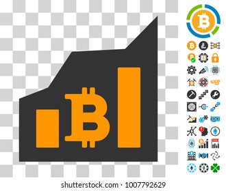 Bitcoin Chart pictograph with bonus bitcoin mining and blockchain clip art. Vector illustration style is flat iconic symbols. Designed for bitcoin apps.