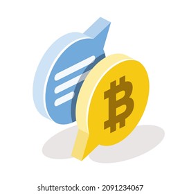 Bitcoin chat bubble. Vector 3d line isometric, color web icons, new flat style. Creative design idea for infographics.
