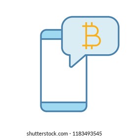 Bitcoin chat color icon. Cryptocurrency forum. Smartphone with bitcoin sign inside speech bubble. Crypto currency news notification. Isolated vector illustration