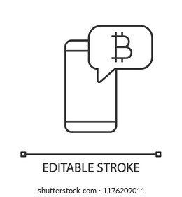 Bitcoin chat linear icon. Cryptocurrency forum. Smartphone with bitcoin sign inside speech bubble. Crypto currency news notification. Contour symbol. Vector isolated outline drawing. Editable stroke