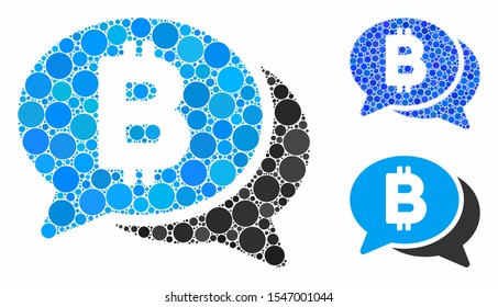 Bitcoin chat mosaic of small circles in different sizes and color tints, based on Bitcoin chat icon. Vector small circles are united into blue composition.