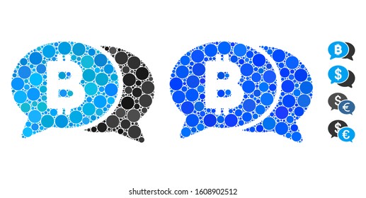 Bitcoin chat mosaic of small circles in variable sizes and color tones, based on Bitcoin chat icon. Vector small circles are united into blue composition.