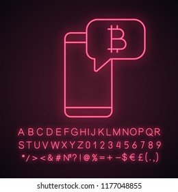 Bitcoin chat neon light icon. Cryptocurrency forum. Smartphone with bitcoin sign inside speech bubble. Crypto currency news. Glowing sign with alphabet, number and symbol. Vector isolated illustration