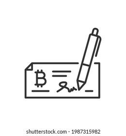 Bitcoin cheque line icon isolated on white background. Vector illustration
