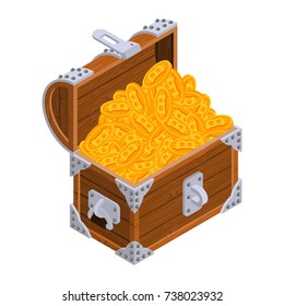 Bitcoin chest. Treasures are crypto currency. Old wood Box Virtual money. Vector illustration