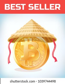 Bitcoin in Chinese straw hat. Bitcoin. Digital currency. Crypto currency. Money and finance symbol. Miner bit coin criptocurrency. Virtual money concept. Cartoon Vector illustration