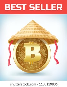Bitcoin in Chinese straw hat. Bitcoin. Digital currency. Crypto currency. Money and finance symbol. Miner bit coin criptocurrency. Virtual money concept. Cartoon Vector illustration.
