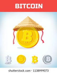 Bitcoin in Chinese straw hat. Bitcoin. Digital currency. Crypto currency. Money and finance symbol. Miner bit coin criptocurrency. Virtual money concept. Cartoon Vector illustration.