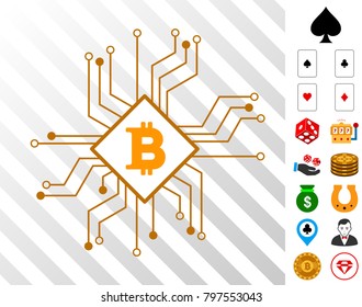 Bitcoin Chip Circuit icon with bonus casino pictures. Vector illustration style is flat iconic symbols. Designed for gamble websites.