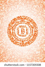 bitcoin chip (cryptocurrency mining concept) icon inside orange mosaic emblem with background